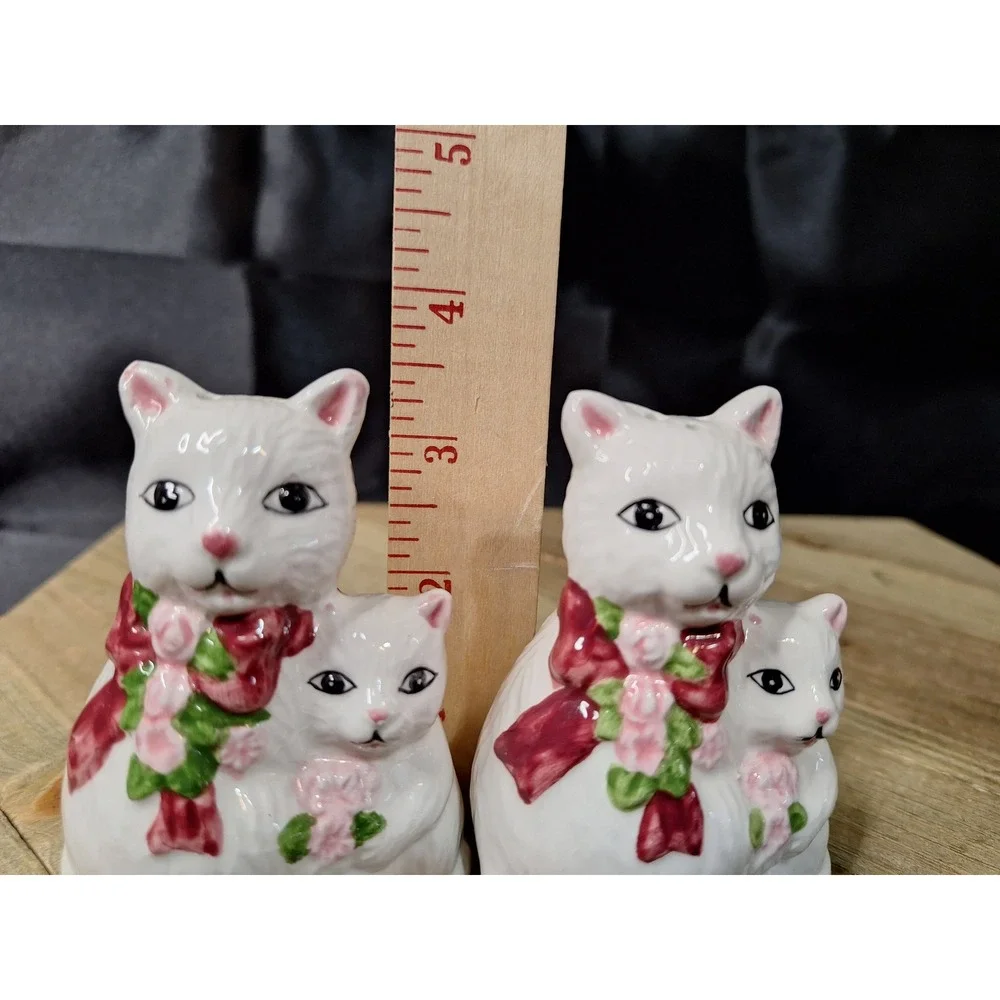 Vintage White Ceramic Cat and Kitten Salt and Pepper Shaker Set Red Bow Floral